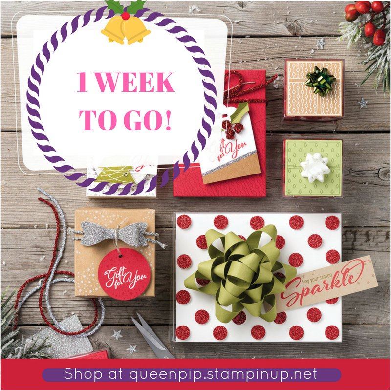 1 week left to get your Christmas Shopping ordered! I do Gift Certificates too! Pip Todman Crafty Coach & Stampin' Up! Demonstrator in the UK Queen Pip Cards www.queenpipcards.com Facebook: fb.me/QueenPipCards #queenpipcards #stampinup #papercraft #inspiringyourcreativity