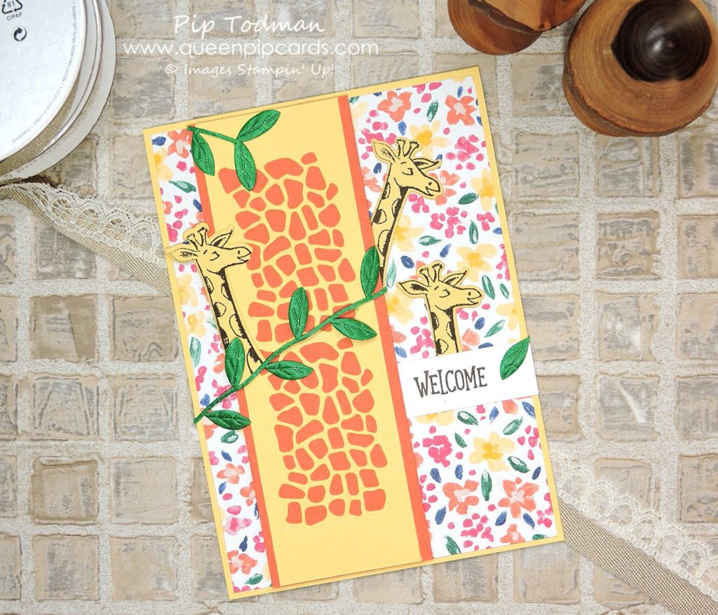 Showcasing Animal Friends Thinlits today with this fabulous Giraffe card! Look at the texture in the So Safron strip of card! All Stampin' Up! products available from my online store here: http://bit.ly/QPCShop Pip Todman Crafty Coach & Stampin' Up! Top UK Demonstrator Queen Pip Cards www.queenpipcards.com Facebook: fb.me/QueenPipCards #queenpipcards #simplystylish #inspiringyourcreativity #stampinup #papercraft 