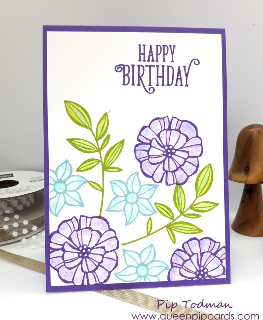 Falling Flowers With Watercolour Pencils from Stampin' Up! - Gorgeous Grape and Balmy Blue, Granny Apple Green and Garden Green. What fabulous combinations!! All Stampin' Up! products are available from my online store here: http://bit.ly/QPCShop Pip Todman Crafty Coach & Stampin' Up! Top UK Demonstrator Queen Pip Cards www.queenpipcards.com Facebook: fb.me/QueenPipCards #queenpipcards #simplystylish #inspiringyourcreativity #stampinup #papercraft 