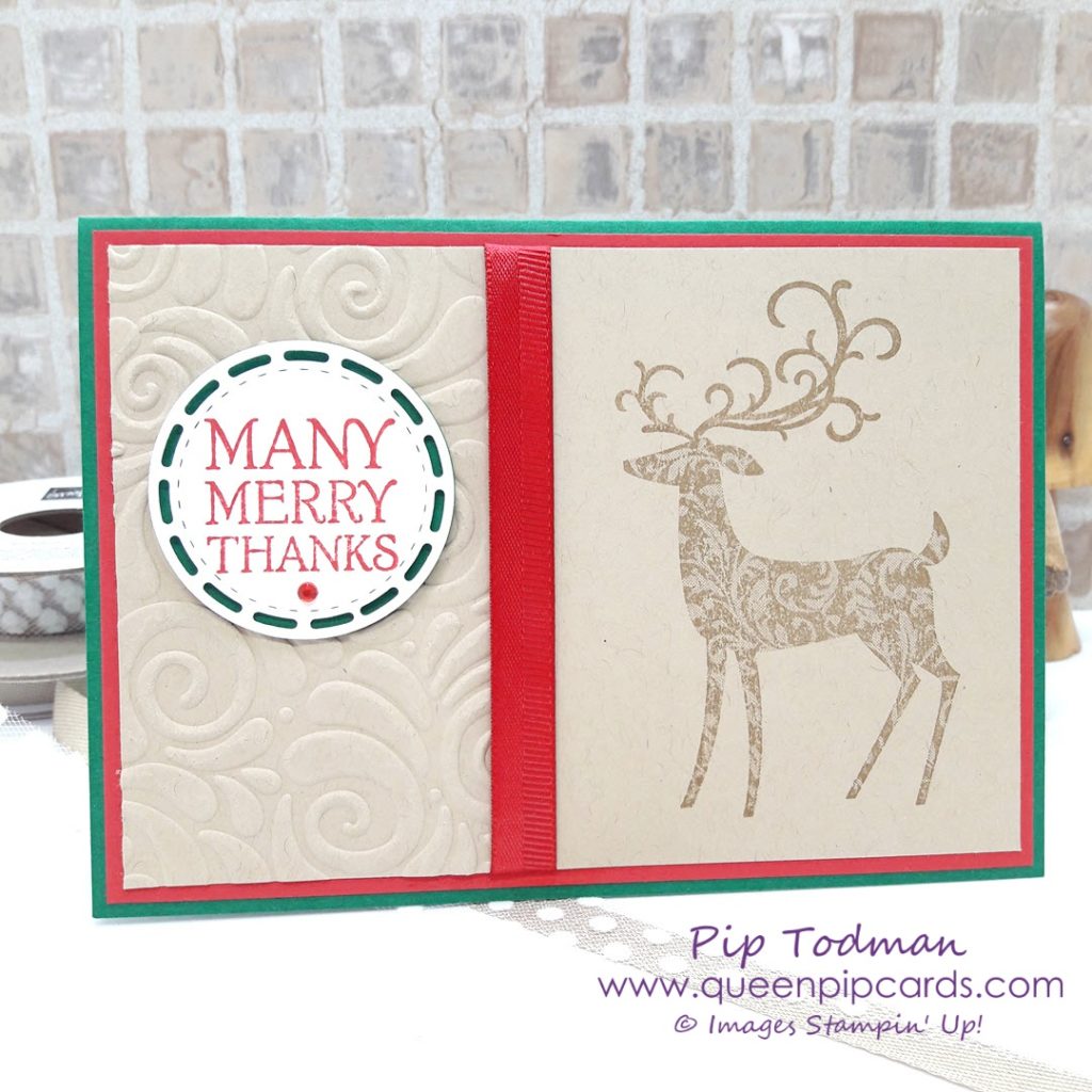 Many Merry Thanks with Dashing Deer card! Christmas? Or Thank you? Dashing Deer covers them both! Check out my YouTube video on this cute card and half embossing technique!  All Stampin' Up! products are / will be available from my online store here: http://bit.ly/QPCShop  Pip Todman Crafty Coach & Stampin' Up! Top UK Demonstrator Queen Pip Cards www.queenpipcards.com Facebook: fb.me/QueenPipCards  #queenpipcards #simplystylish #inspiringyourcreativity #stampinup #papercraft 