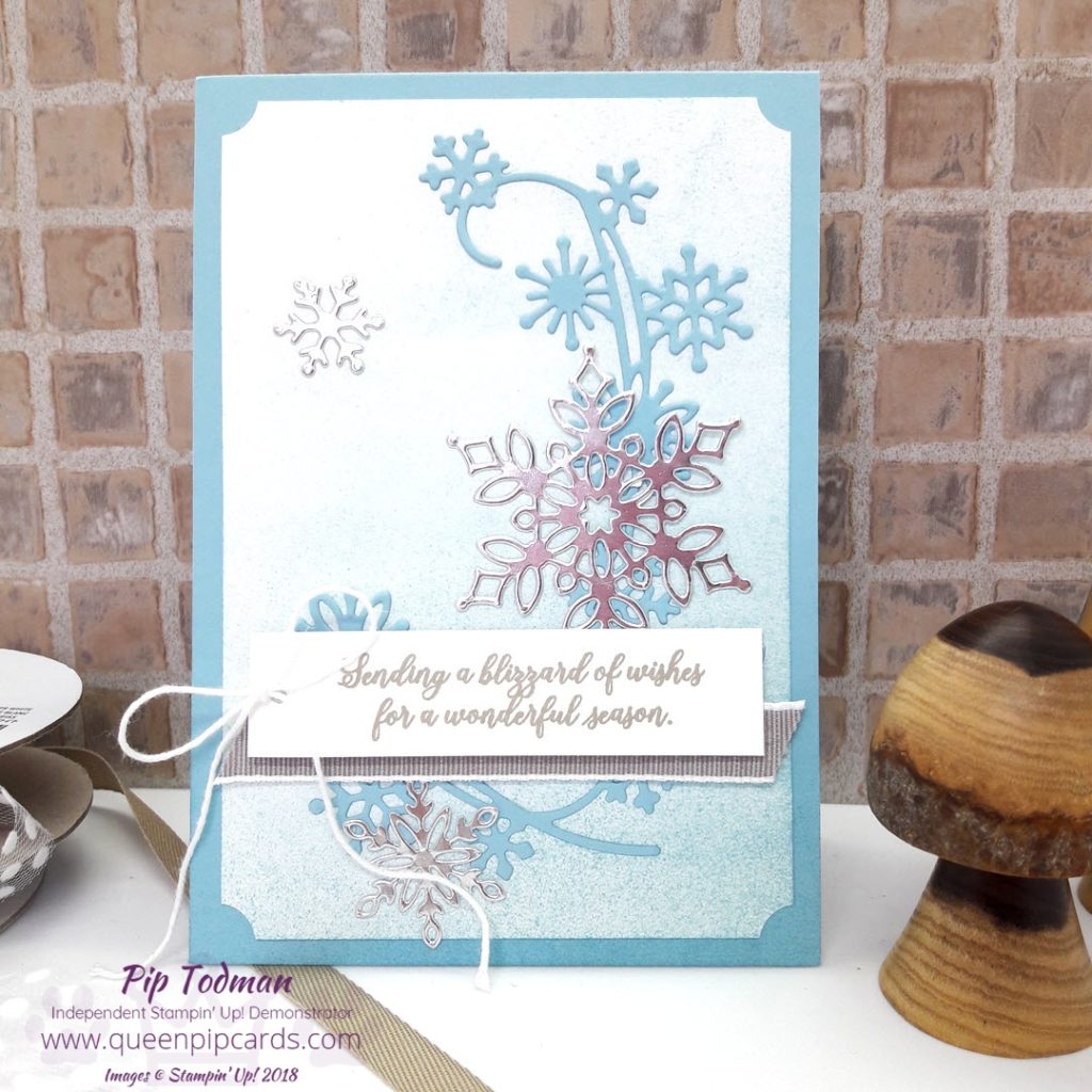 Snowflake Showcase Blizzard of Blue! My card is one CASED from Stampin' Up! I love how they've brayered the background to blend it in. I added a touch of Champagne Shimmer Paint to from a Spritzer to add even more shimmer and shine! All Stampin' Up! products are / will be available from my online store here: http://bit.ly/QPCShop Pip Todman Crafty Coach & Stampin' Up! Top UK Demonstrator Queen Pip Cards www.queenpipcards.com Facebook: fb.me/QueenPipCards #queenpipcards #simplystylish #inspiringyourcreativity #stampinup #papercraft 