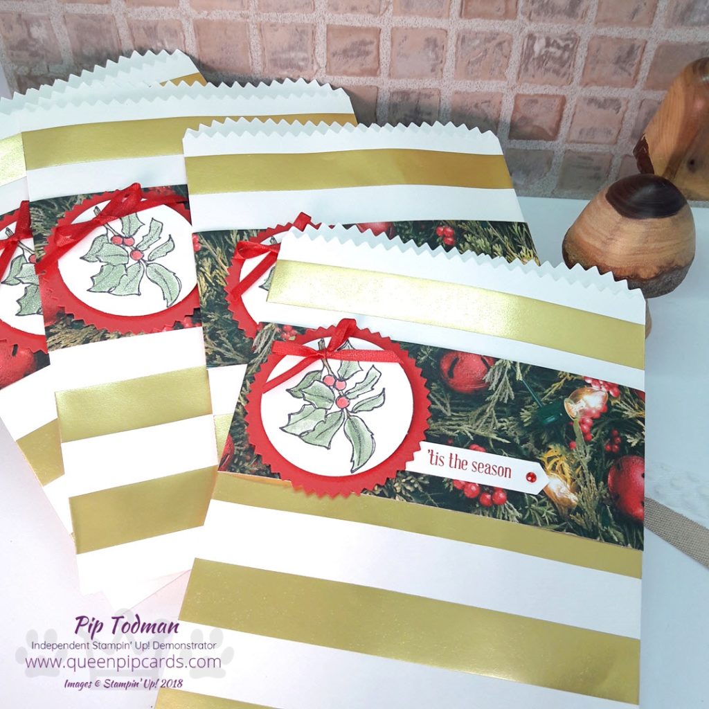 Timeless Tidings Gift Packaging Idea for my Christmas Retreats! Simple and quick idea to jazz up your gift bags for your Christmas gifts or table. These will be pillow gifts for my upcoming Retreat guests. All Stampin' Up! products are / will be available from my online store here: http://bit.ly/QPCShop Pip Todman Crafty Coach & Stampin' Up! Top UK Demonstrator Queen Pip Cards www.queenpipcards.com Facebook: fb.me/QueenPipCards #queenpipcards #simplystylish #inspiringyourcreativity #stampinup #papercraft 