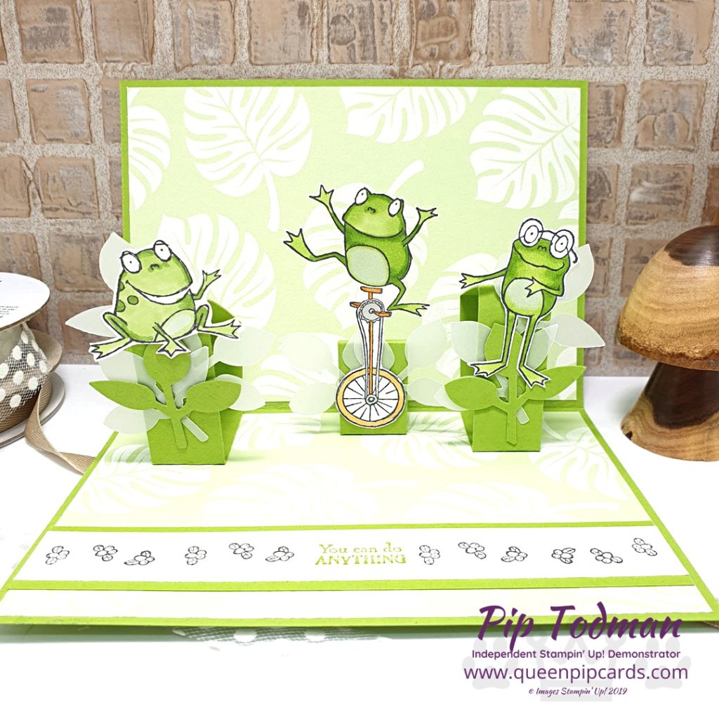 3 Way Pop Up With So Hoppy Together This card came together so beautifully I just had to share it with you. See how to get perfect alignment of the frogs in my video below. Soon you'll have framelits available to cut these cute frogs out too! No fussy cutting! All Stampin' Up! products are / will be available from my online store here: http://bit.ly/QPCShop Pip Todman Crafty Coach & Stampin' Up! Top UK Demonstrator Queen Pip Cards www.queenpipcards.com Facebook: fb.me/QueenPipCards #queenpipcards #simplystylish #inspiringyourcreativity #stampinup #simplestamping #papercraft 