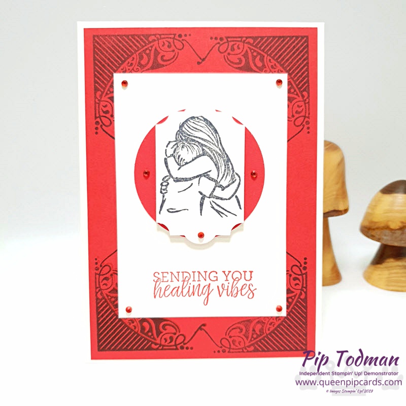 All Adorned the new Sale-a-bration stamp set is a great background for this get well card. Shop my online store here: http://bit.ly/QPCShop Pip Todman www.queenpipcards.com #queenpipcards #simplystylish #stampinup #simplestamping #papercraft 