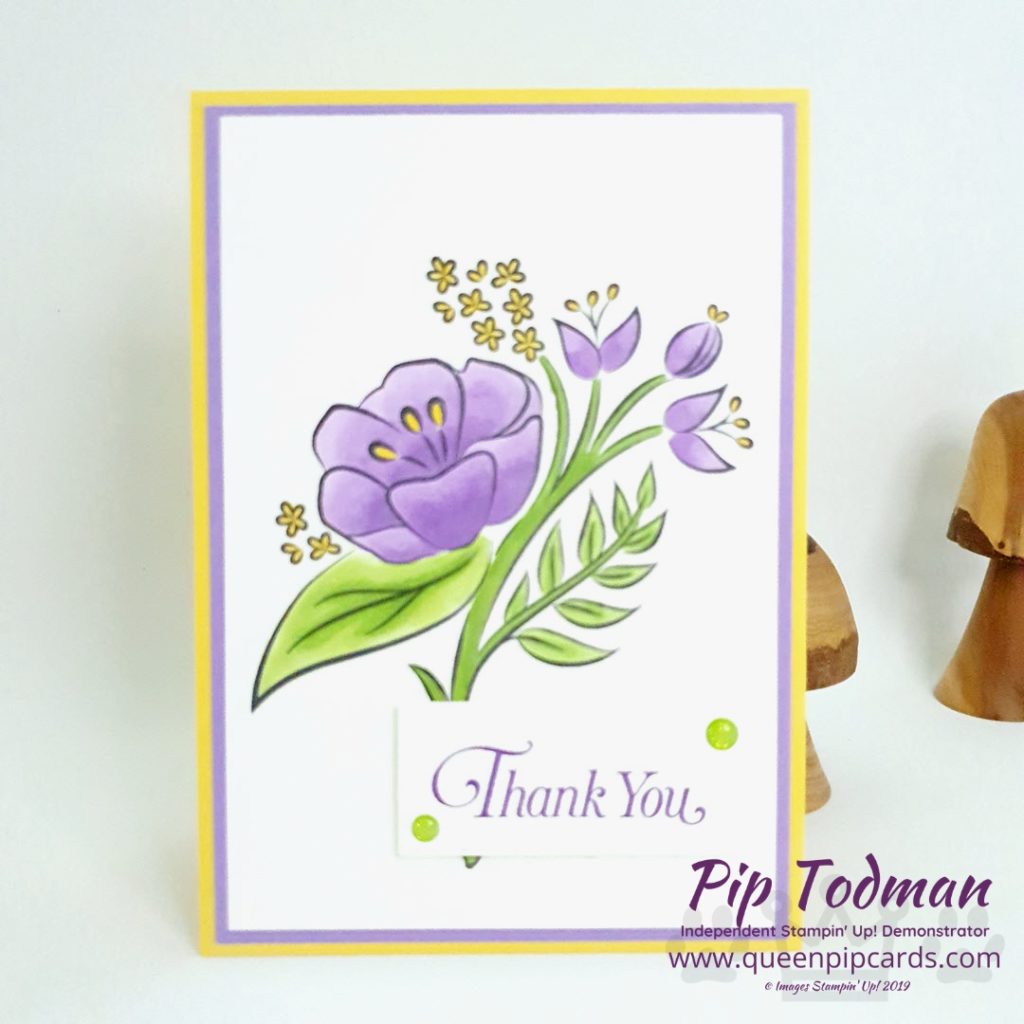 All That You Are stamps used to make Thank You cards inspired by the colours of Violas! Gorgeous purples and yellows with bright green stems! Pip Todman www.queenpipcards.com Stampin' Up! Independent Demonstrator UK