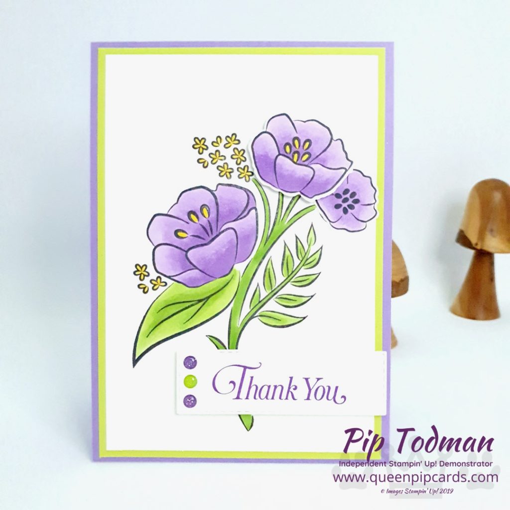 All That You Are stamps used to make Thank You cards inspired by the colours of Violas! Gorgeous purples and yellows with bright green stems! Pip Todman www.queenpipcards.com Stampin' Up! Independent Demonstrator UK