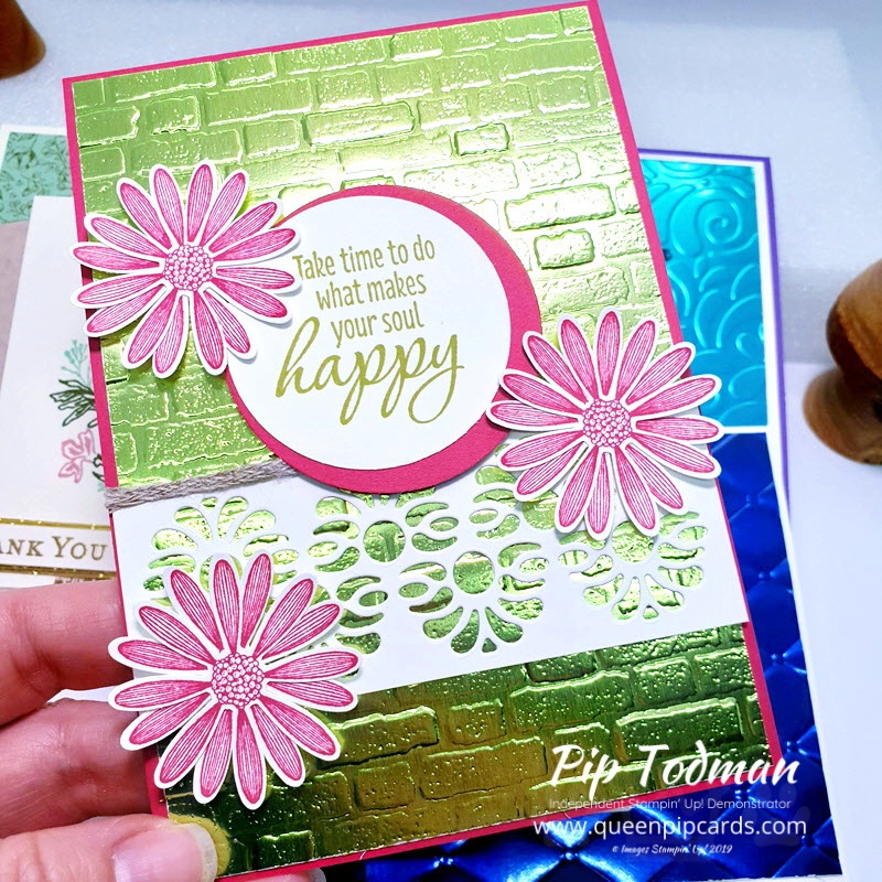 This Stunning Embossed Foil Technique brings some extra zing to your cards and projects. Especially in all the different coloured foils we have now! Pip Todman www.queenpipcards.com Stampin' Up! Independent Demonstrator UK 