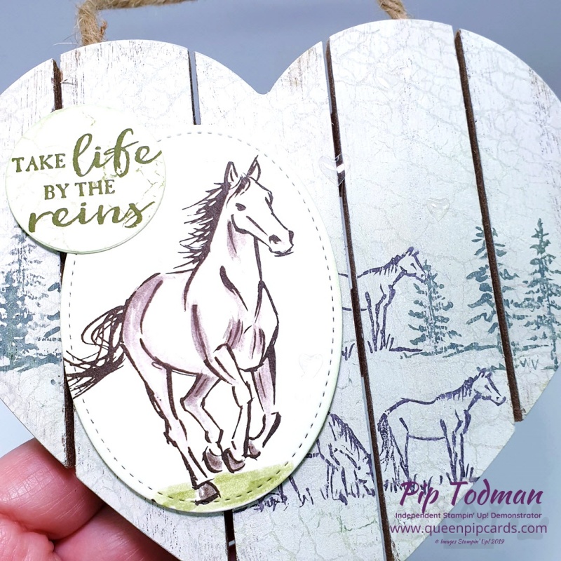 Door Hanging With Let It Ride. Dress up a wooden heart shaped plaque quickly and easily with Stampin' Up! stamps. Pip Todman www.queenpipcards.com Stampin' Up! Independent Demonstrator UK