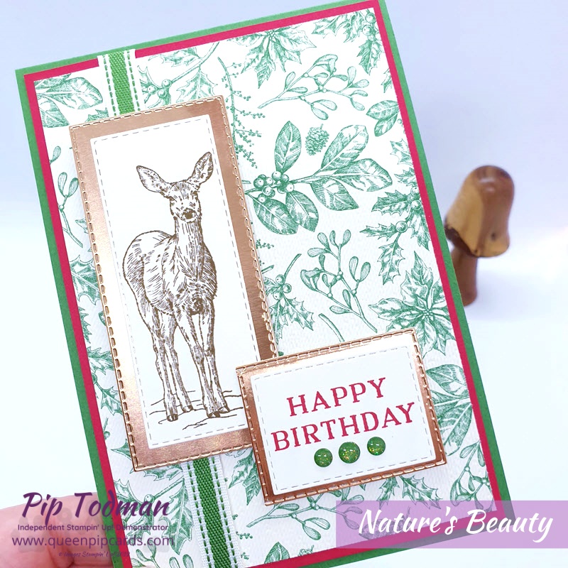 It's Goodbye Greece Hello Maui this month in our last blog hop of the Achievers' Year! This time I paired Nature's Beauty with Toile Christmas papers for a Birthday Card! Pip Todman www.queenpipcards.com Stampin' Up! Independent Demonstrator UK